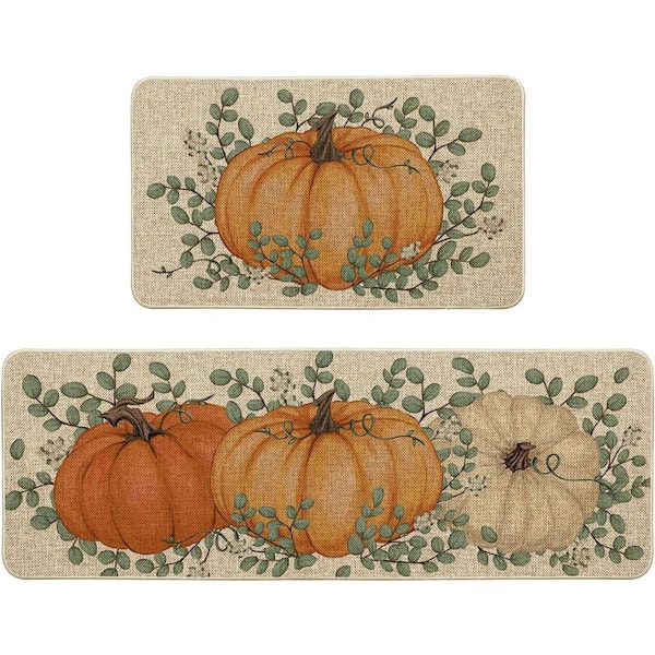 Pumpkin Eucalyptus Fall Indoor Kitchen Mats Set of 2 Orange (17 in. x 29 in. + 17 in. x 47 in. )