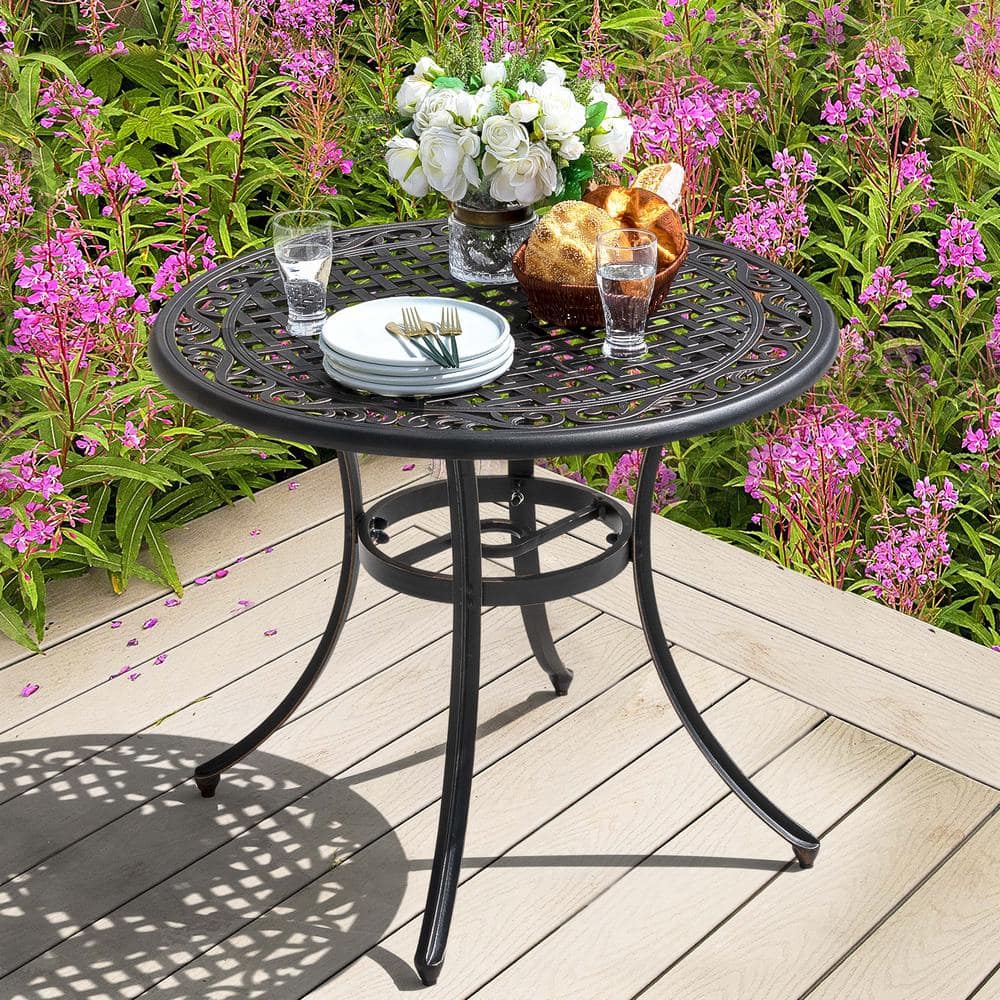 Bronze Round Cast Aluminum Patio Bistro Table with Umbrella Hole
