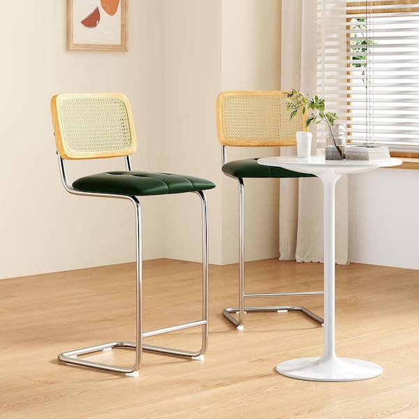 30 in. Green Upholstered Faux Leather Bar Height Bar Stools with Rattan Back (Set of 2)