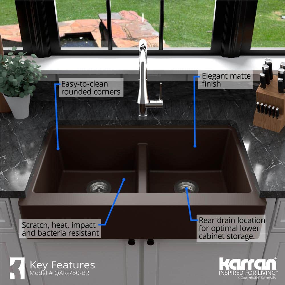 Brown Quartz Composite Farmhouse Double Bowl Kitchen Sink