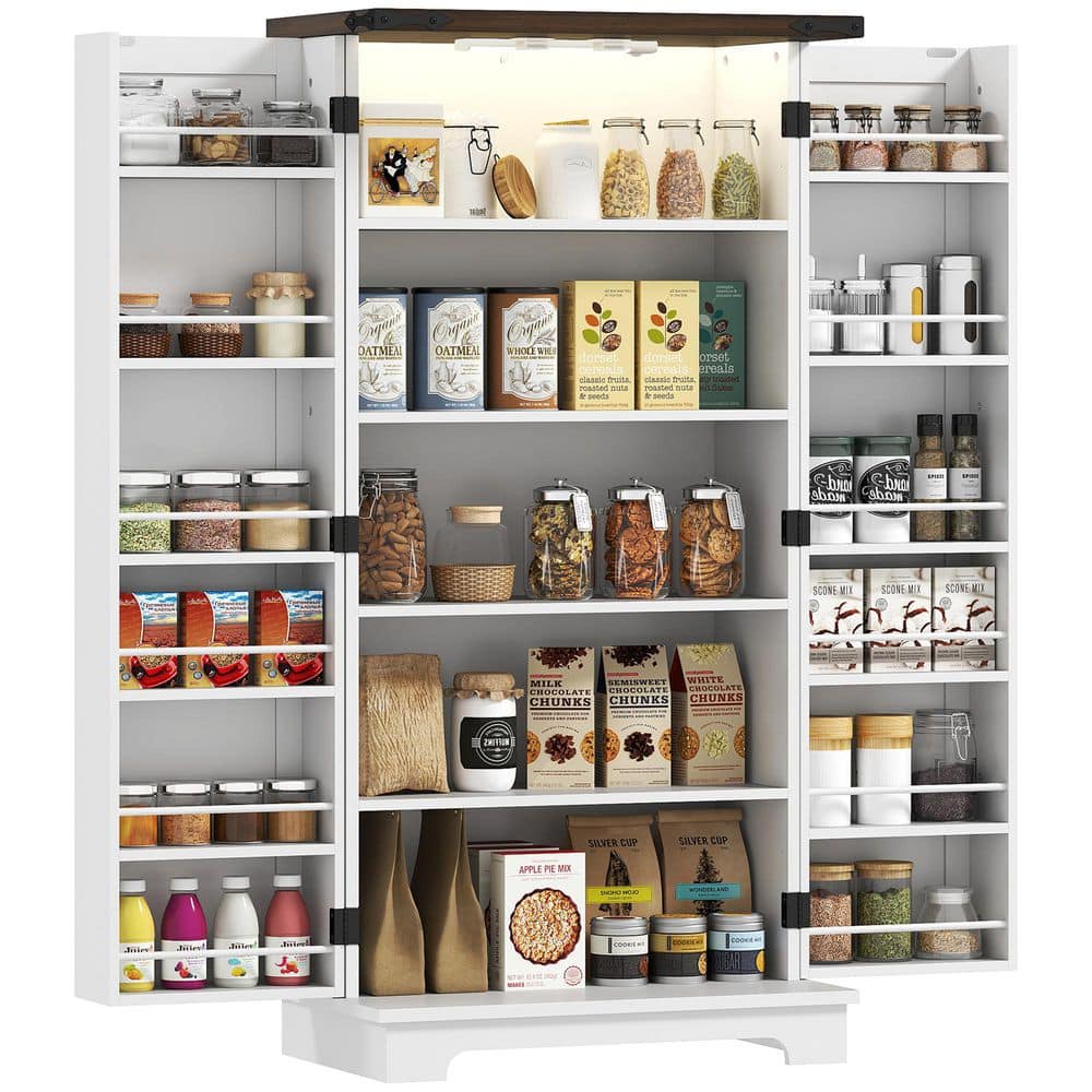 White Farmhouse Kitchen Pantry Cabinet with LED Light and Adjustable Shelves