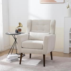 Beige Chenille Fabric Upholstered Accent Chair with Waist Pillow, Wood Legs with Pads