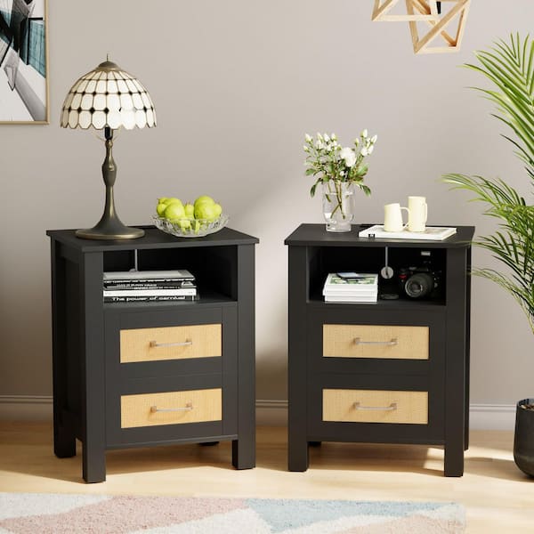 Rattan Nightstand with Charging Station, End Table with 2-Storage Drawers and 1-Open Shelf, for Bedroom, Black