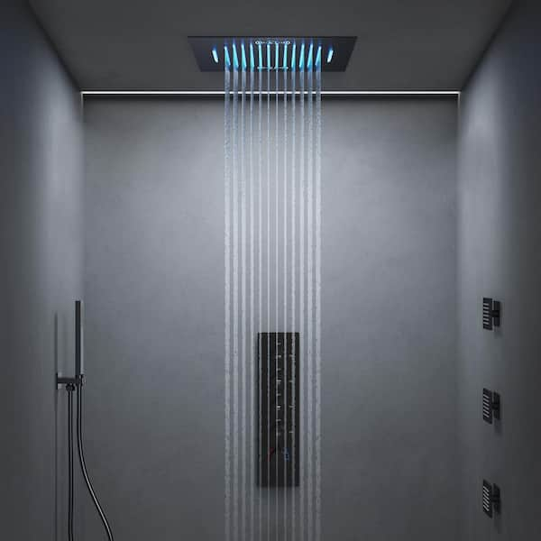 AuroraCascade LED Shower System 15-Spray Ceiling Mount 20 in. Fixed 3 Jets Handheld 2.5 GPM in Matte Black