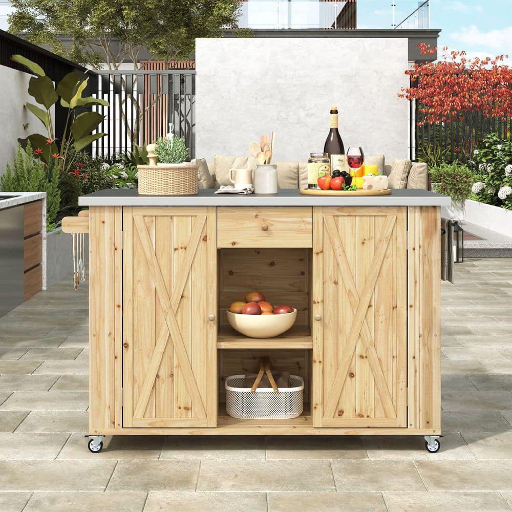 Polibi Natural Stainless Steel Top 52.25 in. Kitchen Island with