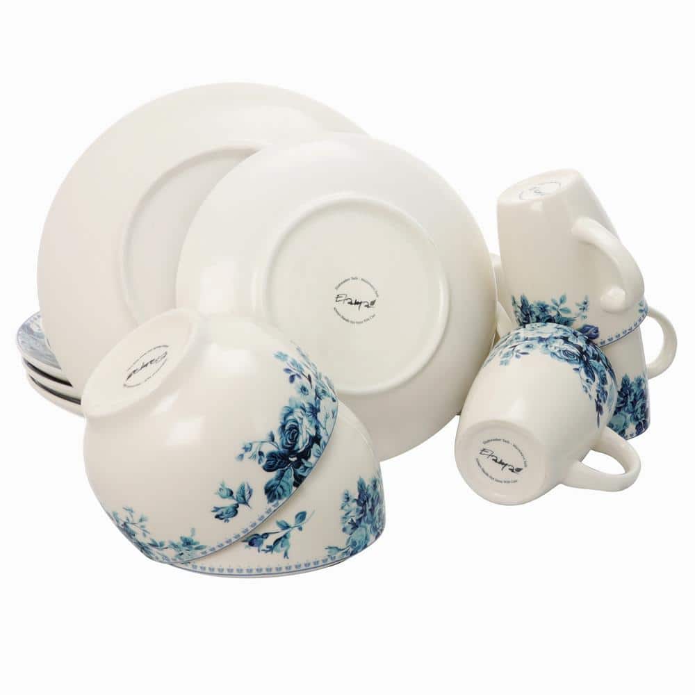 Elegant Floral Blue & White Ceramic Dinnerware Set, Service for 4
