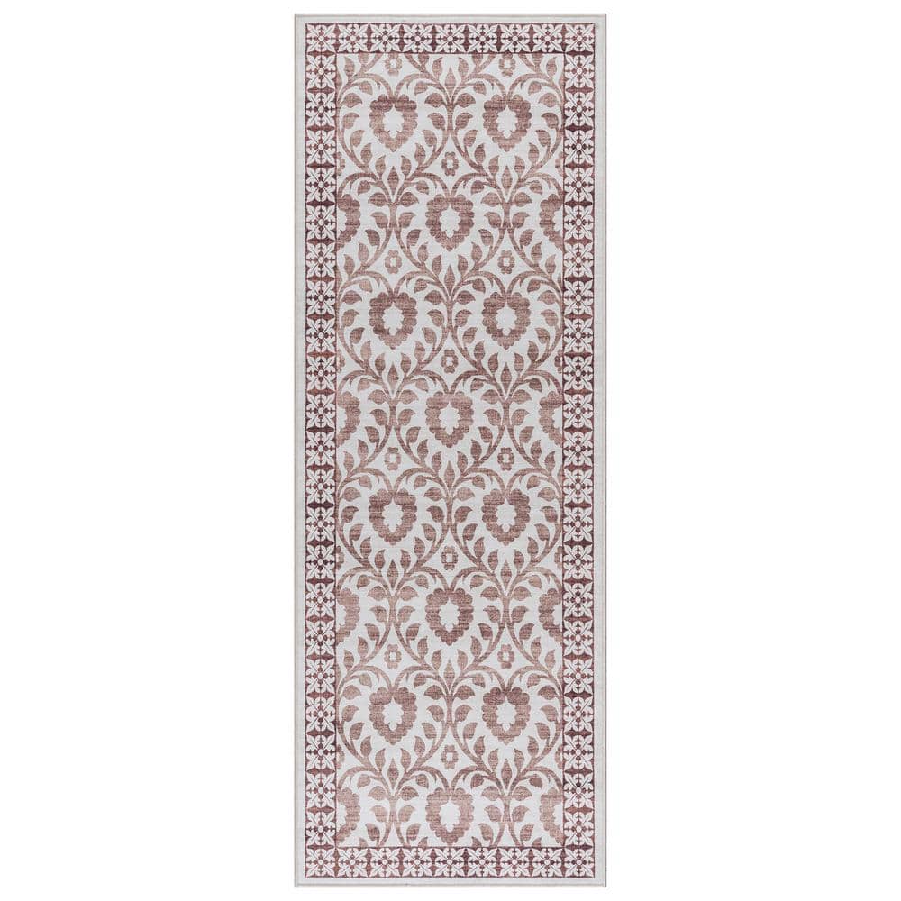 Esme Tan and Ivory Floral Synthetic Runner Rug