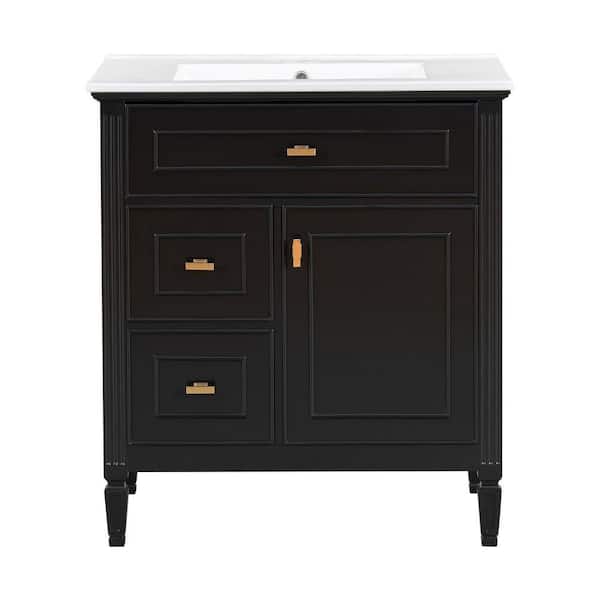 30 in. Single Sink Freestanding Black Bath Vanity with White Ceramic Top Unassembled, One Flip Drawer & Adjustable Shelf