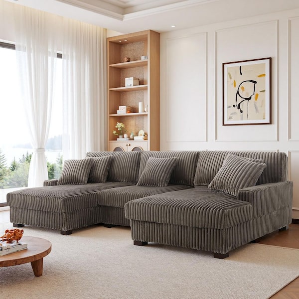 118.31 in. W Square Arm 3-piece Faux Rabbit Fur Fabric Upholstered U-Shaped Modular Sectional Sofa in Light Brown