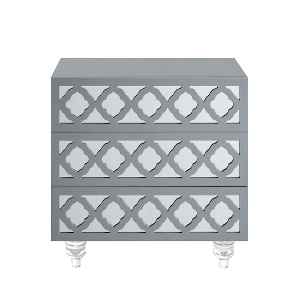 Francesca Light Grey Lacquered Mirrored End Table Lucite Leg Nightstand
