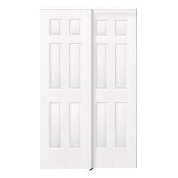 48 in. x 80 in. MDF, Hollow Core, White, Painted Double 6-Panel Sliding Door with All Hardware