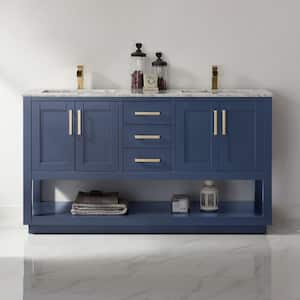 Remi 60 in. Bath Vanity in Royal Blue with Carrara Marble Vanity Top in White with White Basins