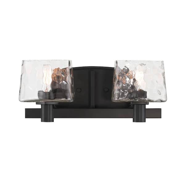 Drysdale 14.5 in. 2-Light Coal Black Vanity Light with Clear Hammered Glass Shades