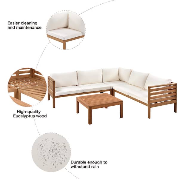 Acacia Wood Outdoor Sofa Sectional Set Exotic Design with Beige Cushions and High Quality Acacia Wood Table