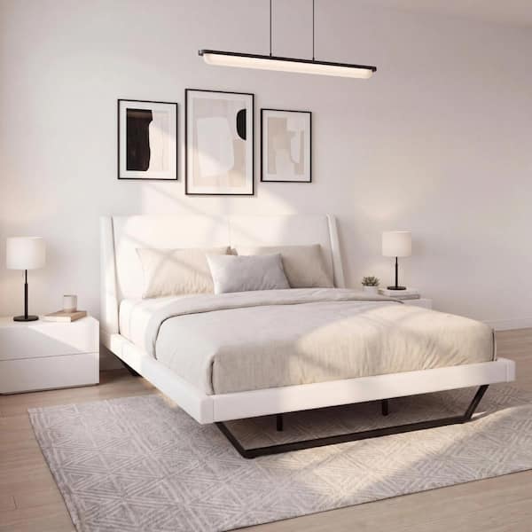 White Wood Frame King Size Upholstered Platform Bed with Wave-Like Curve Design and Trapezoidal-Shaped Leg
