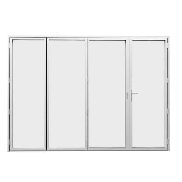 144 in. x 96 in. Left Center Opening/Outswing Double Tempered Glass White Aluminum Folding Patio Door