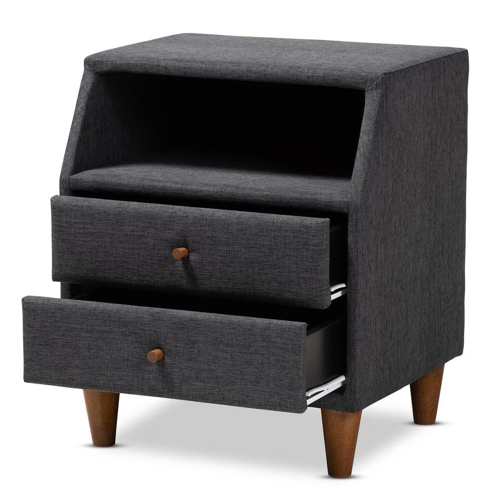 Claverie Charcoal Fabric 2-Drawer Mid-Century Modern Nightstand