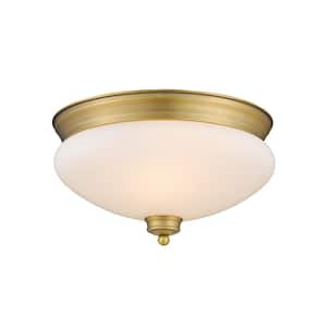 13.75 in. 2-Light Heritage Brass Flush Mount with Matte Opal Shade