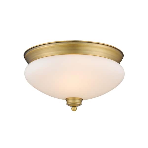 Unbranded 13.75 in. 2-Light Heritage Brass Flush Mount with Matte Opal Shade