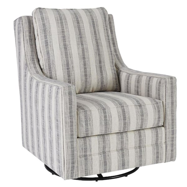 Benjara Gray and White Fabric Swivel Glider Accent Chair with Gradient Stripes