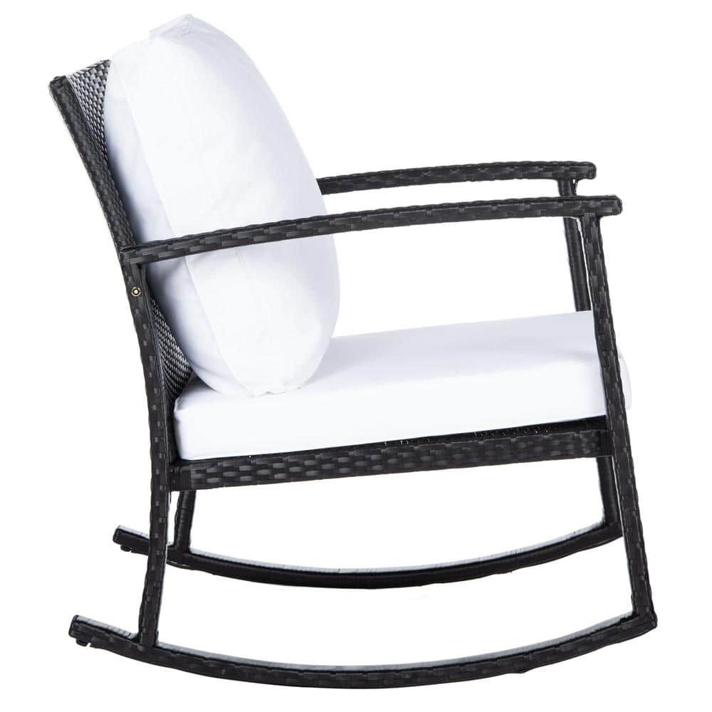 Breezy Black PE Rattan Rocking Chair with Plush White Cushions