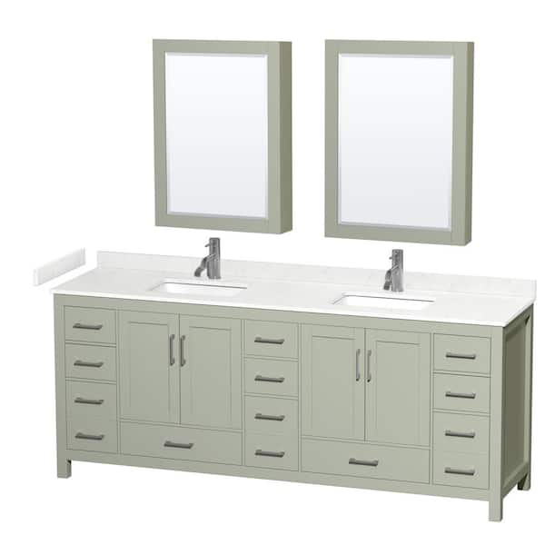 Wyndham Collection Sheffield 84 in. W x 22 in. D x 35 in. H Double Bath Vanity in Light Green with Carrara Cultured Marble Top , MC Mirrors