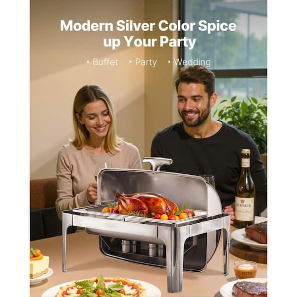 Roll Top Chafing Dish Buffet Set, 9Qt Stainless Steel Chafer with Pan, Rectangle Catering Warmer with Lid, Stand, Silver