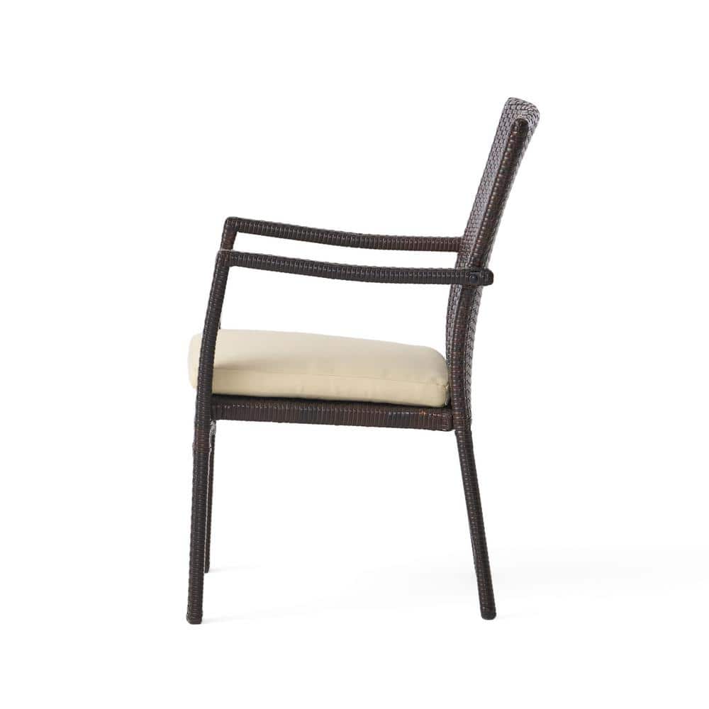 Corsica Brown Iron Wicker Dining Arm Chair with Cream Cushions