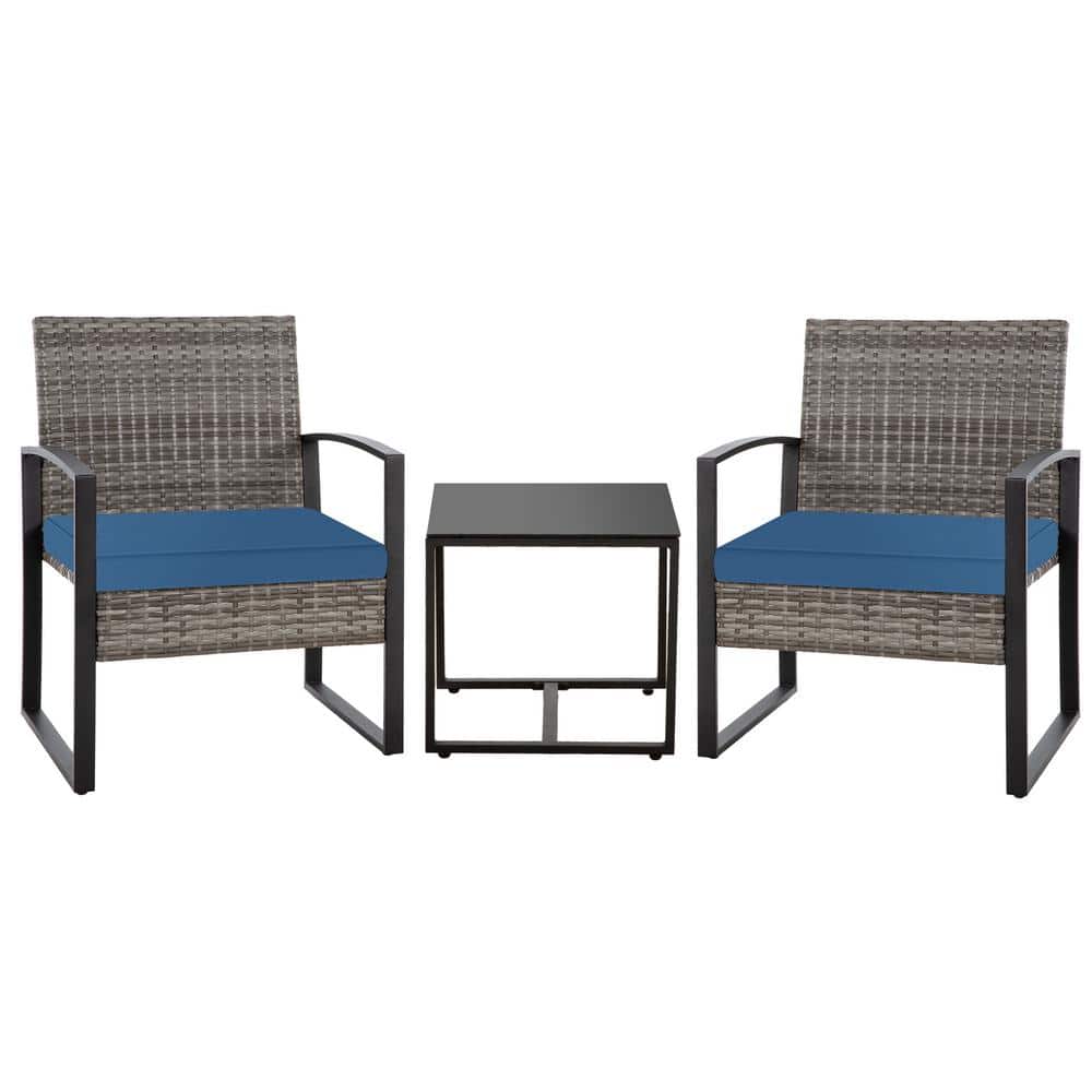 3-Piece Wicker Outdoor Sectional Sofa, Conversation Sets with Blue Cushions