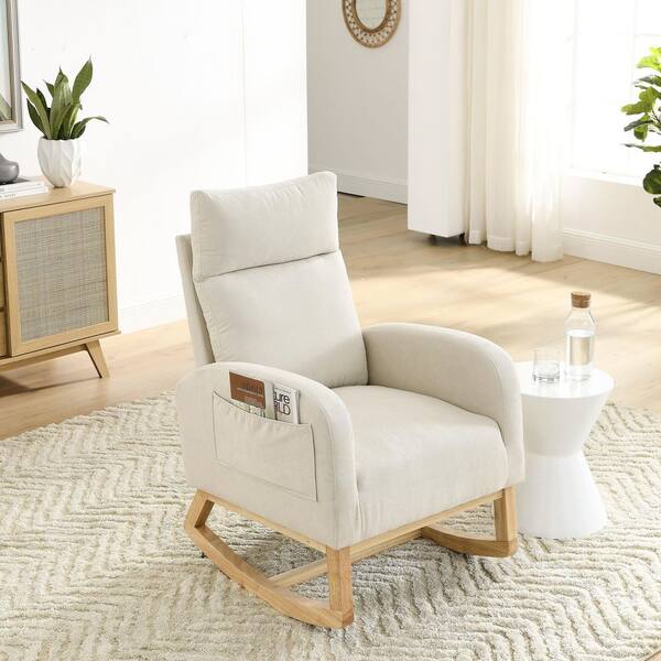 Beige Modern Fabric Accent High Backrest Lounge Arm Rocking Chair