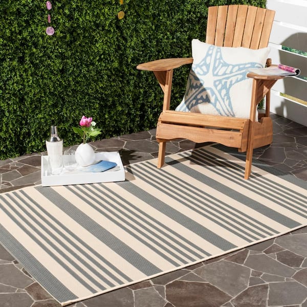 Courtyard Gray/Bone Doormat 2 ft. x 4 ft. Striped Indoor/Outdoor Patio Area Rug