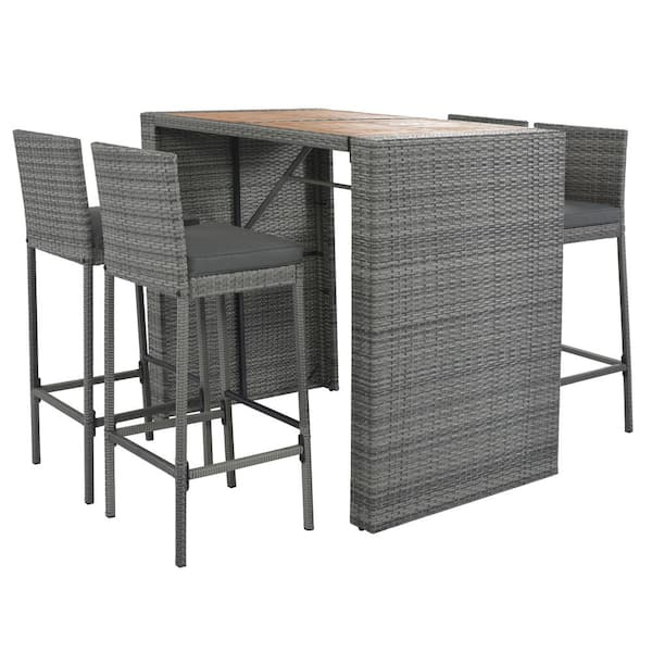 URTR Gray 5-Piece Wicker Outdoor Serving Bar Set Patio Bar Set Dining Set with Bar Height Chairs and Table, Gray Cushion