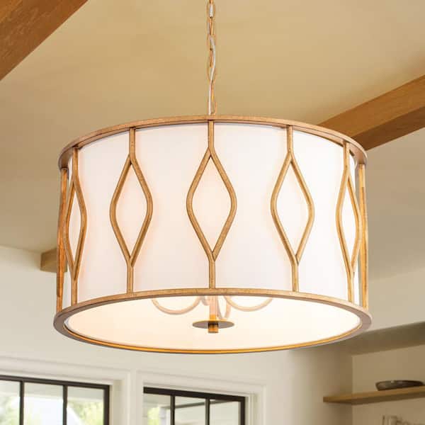 Bowning 4-Light Antique Gold Drum Pendant Light with White Fabric Shade and Leaf Pattern Frame