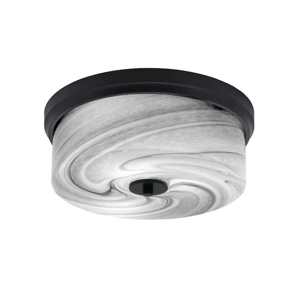 Unbranded Ashland 14 in. 3 Light Matte Black Flush Mount with Onyx Swirl Glass Shade No Bulbs Included