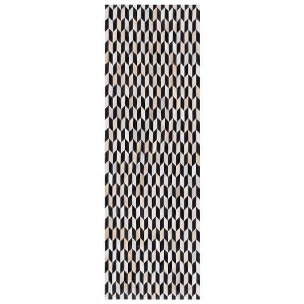 Studio Leather 2 ft. x 7 ft. Ivory/Black Geometric Striped Runner Rug
