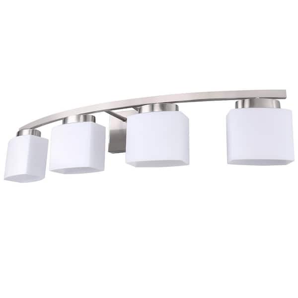 34 in. 4-Light Nickel Modern Square Vanity Light with Curved Arm and White Glass Shade for Powder Room Dressing Room