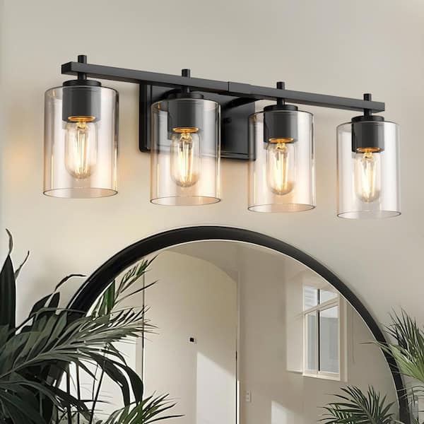 24 in. 4-Light Black Farmhouse Vanity Light for Bathrooms, Powder Rooms or Dressing Rooms with Clear Glass Shades