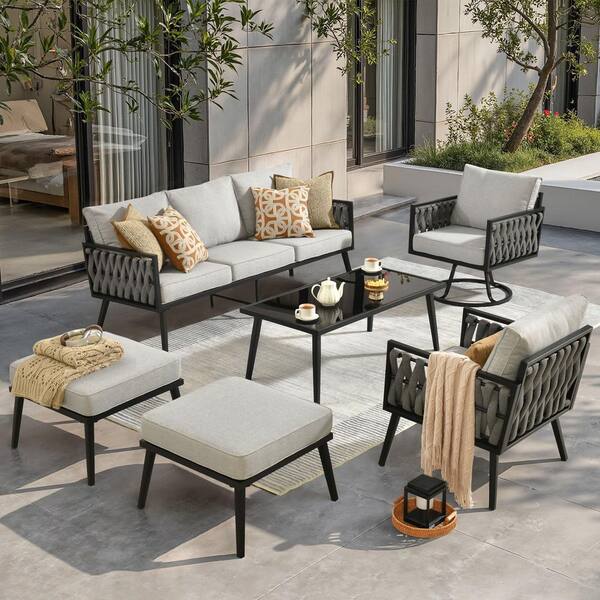 Dianthus 6-Piece Braided Metal Outdoor Patio Conversation Set with Gray Cushions