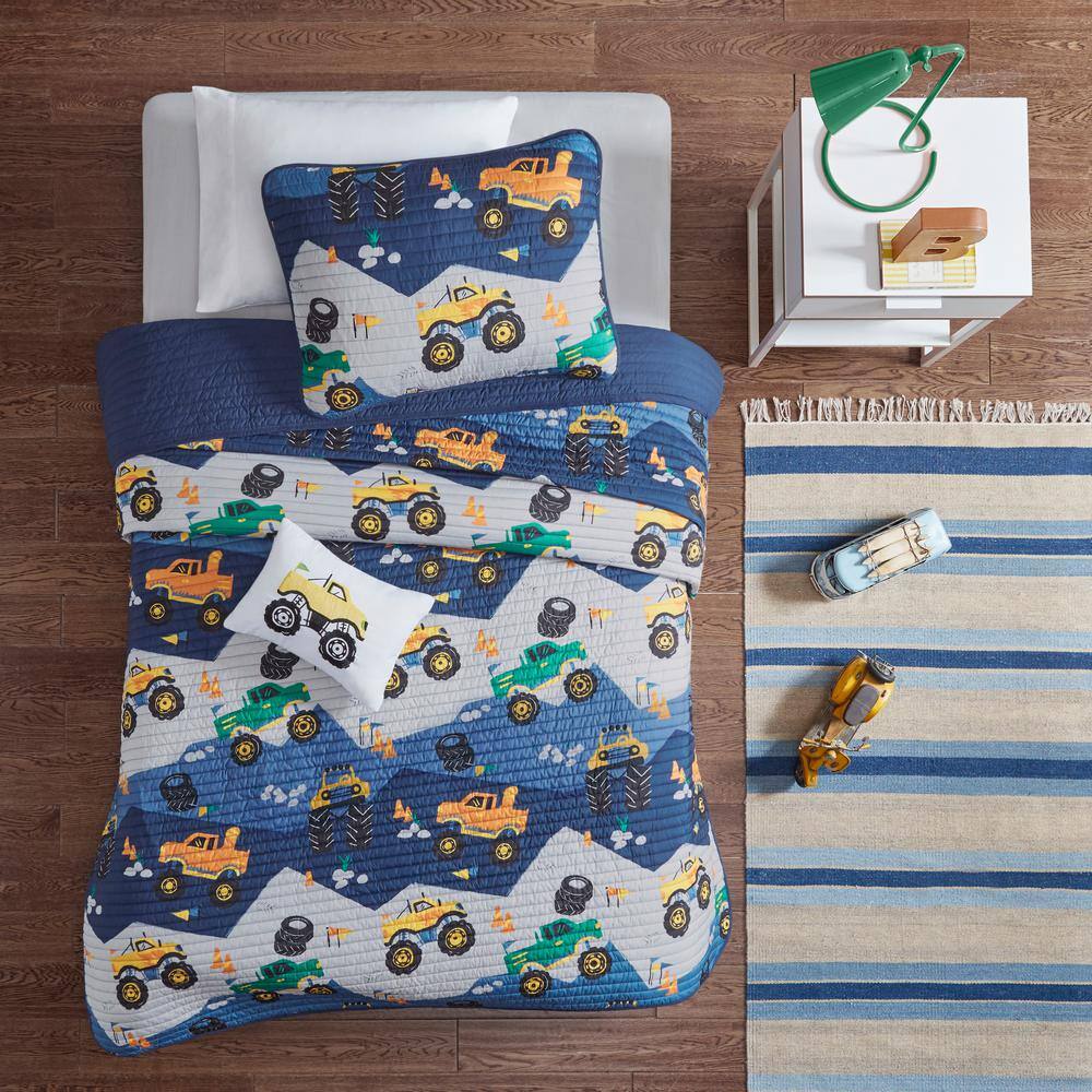 Blue Monster Truck Microfiber Reversible Twin Quilt Set
