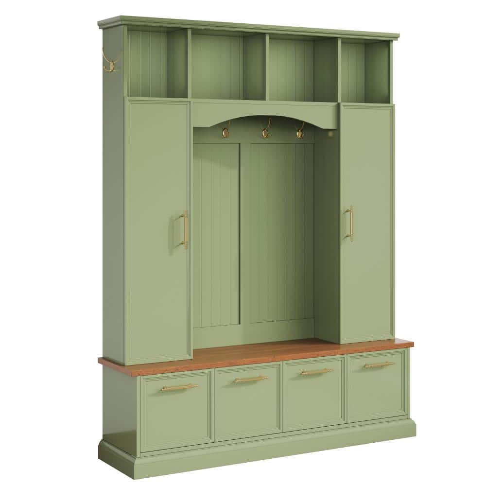 4-IN-1 Green Hall Tree with Golden Hooks,Handles and Adjustable Shelves