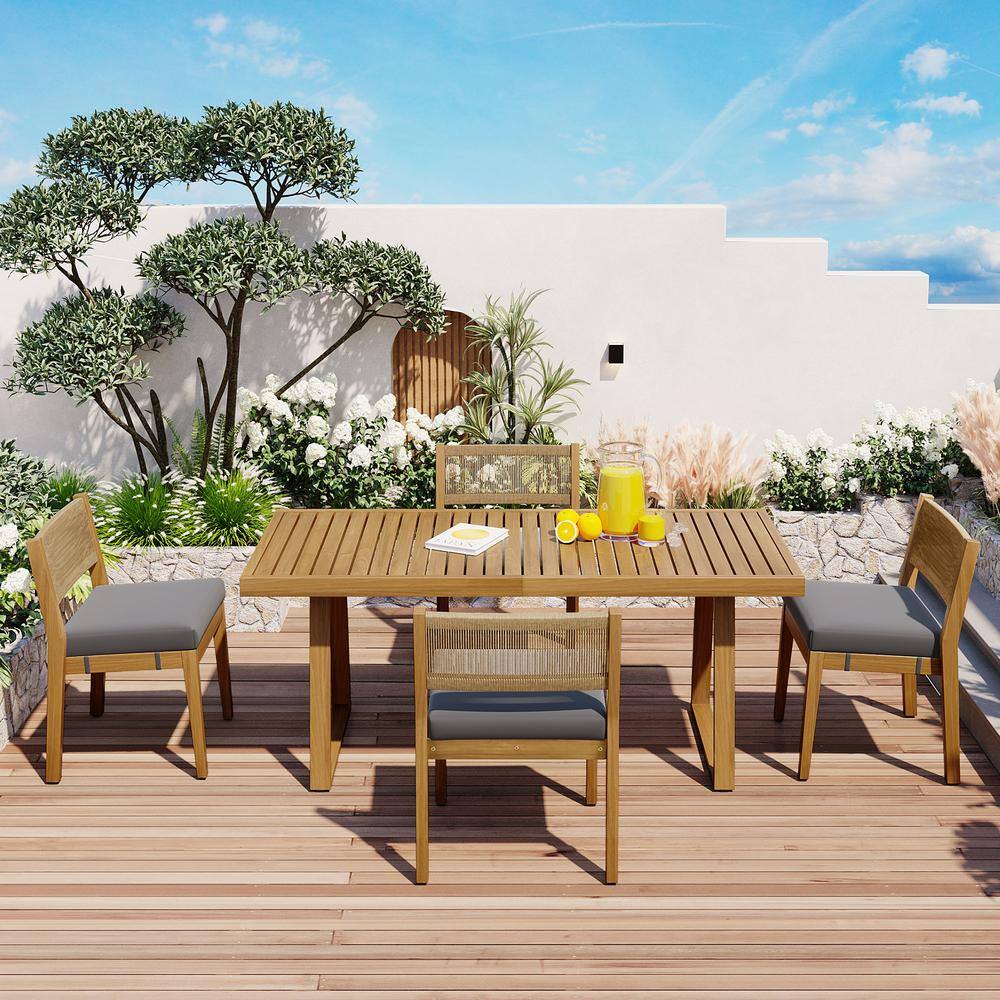 5 -Piece Acacia Wood Outdoor Dining Sets, with Gray Cushions, Suitable for 