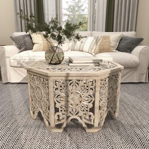 33 in. Light Gray Medium Octagon Wood Handmade Intricately Carved Floral Coffee Table with Hollow Interior