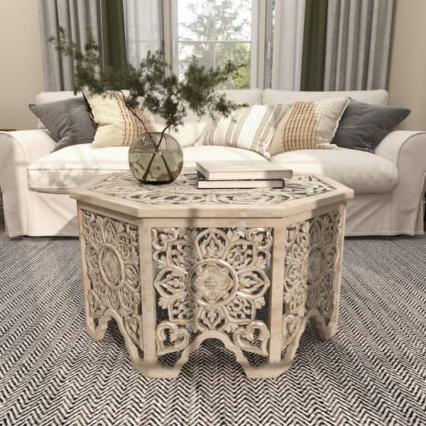 Litton Lane 33 in. Light Gray Medium Octagon Wood Handmade Intricately Carved Floral Coffee Table with Hollow Interior