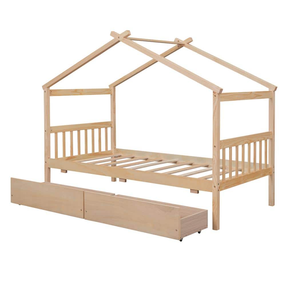 URTR HouseShaped Natural Twin Bed with Drawer Wooden Twin House Bed
