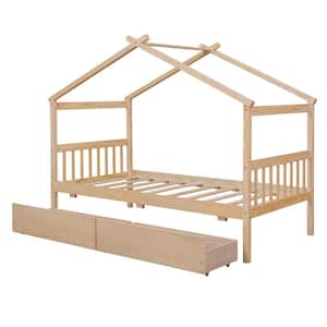 House-Shaped Natural Twin Bed with Drawer Wooden Twin House Bed for Kids Platform Bed Frame With Headboard and Storage