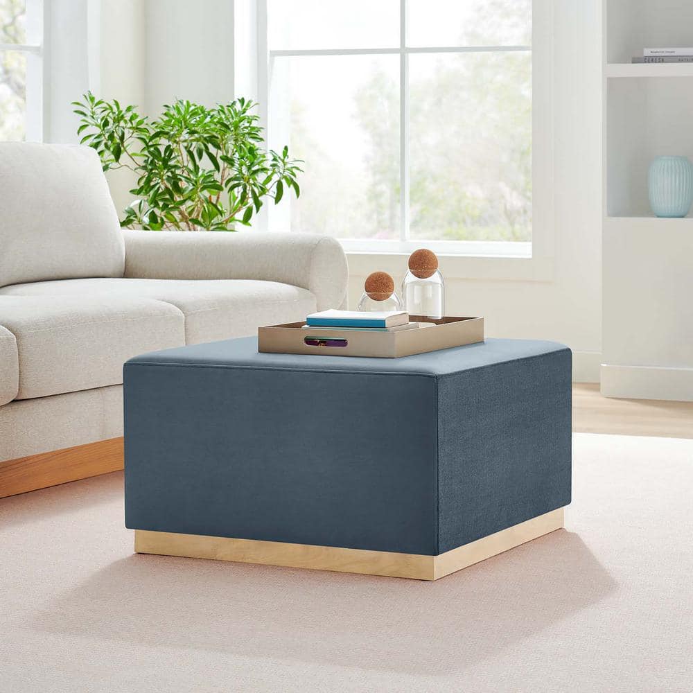 Cadet Blue Velvet Upholstered Square Ottoman with Rubberwood Base