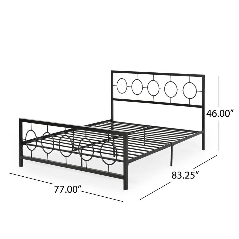 Flat Black Modern Iron King Bed Frame with Circular Pattern