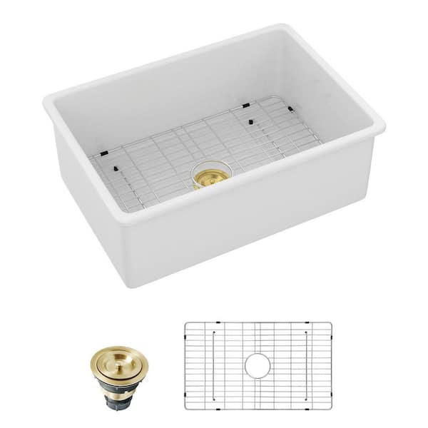 27 in. Undermount Sink Single Bowl White Fireclay Kitchen Sink with Bottom Grid and Drain Assembly