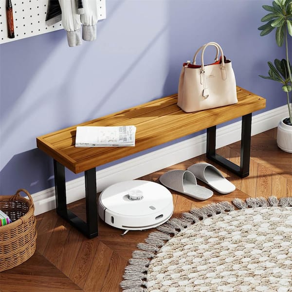 2-Pieces 48 in. Acacia Wood Outdoor Bench for 2 with Metal Legs Adjustable Foot Pads for Entryway