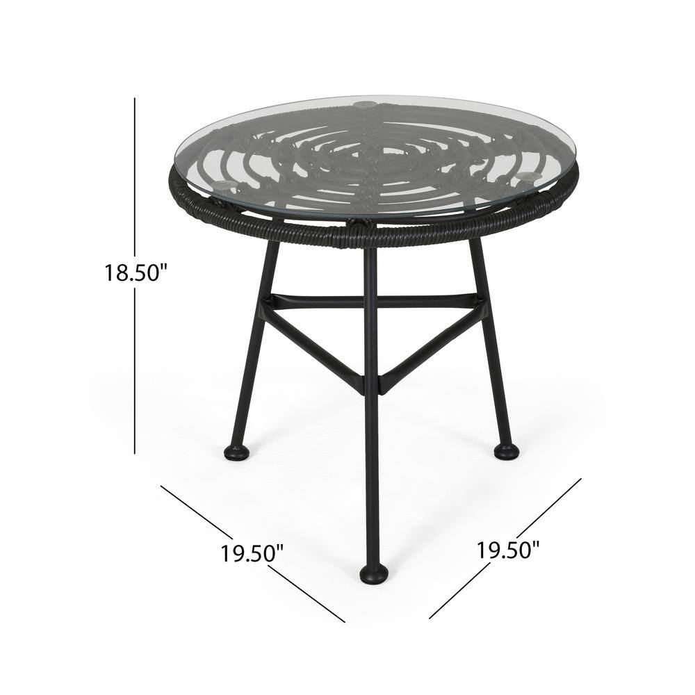 Gray and Black Round Faux Rattan Outdoor Side Table with Tempered Glass Top